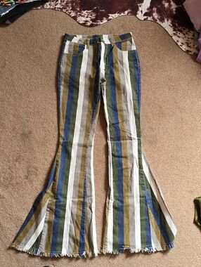 Womens Striped Wide Leg Bell Bottom Pants in Blue, Green & Cream